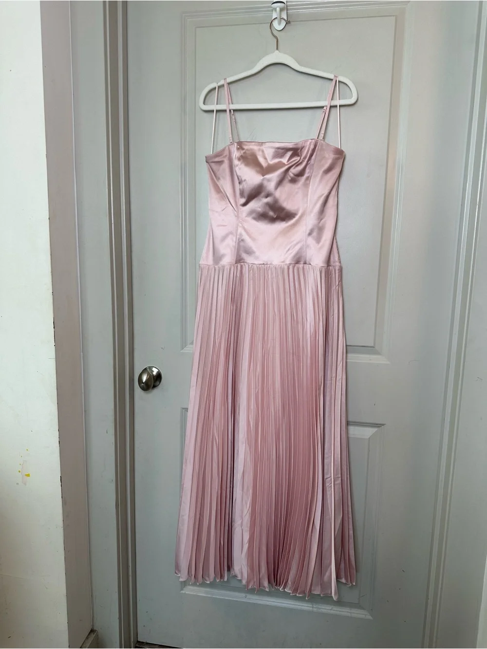 A&F Giselle Drop Waist Satin Accordion Skirt Baby Pink Strapless Maxi Dress, L